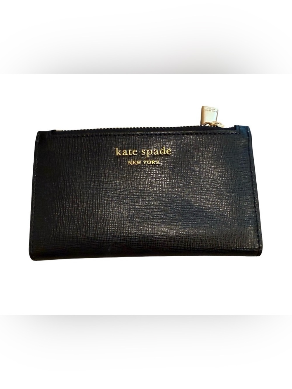 Kate Spade Black Leather Slim Bifold Wallet Pale Pink Zip Pocket